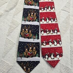 Hallmark Yule Holiday Greetings Christmas Silk Ties - Red Vtg Penguins Reindeer